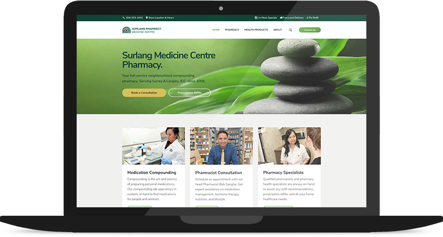 Website for Surlang Pharmacy on a Laptop